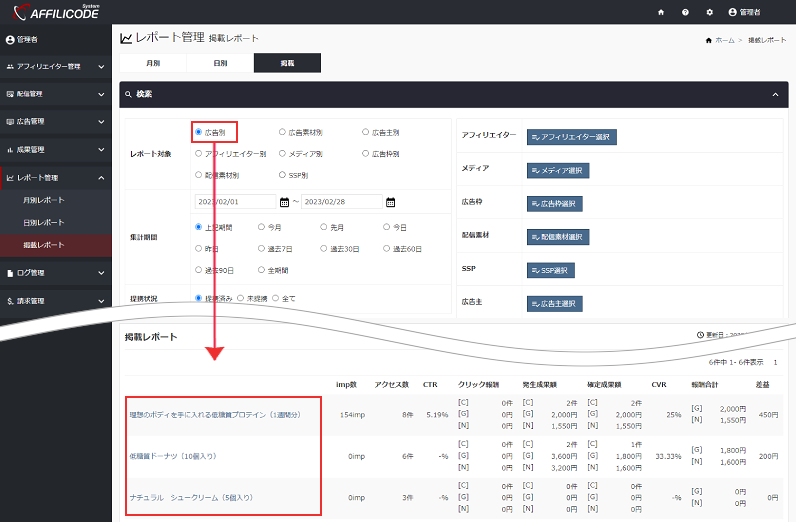 掲載レポートの検索軸